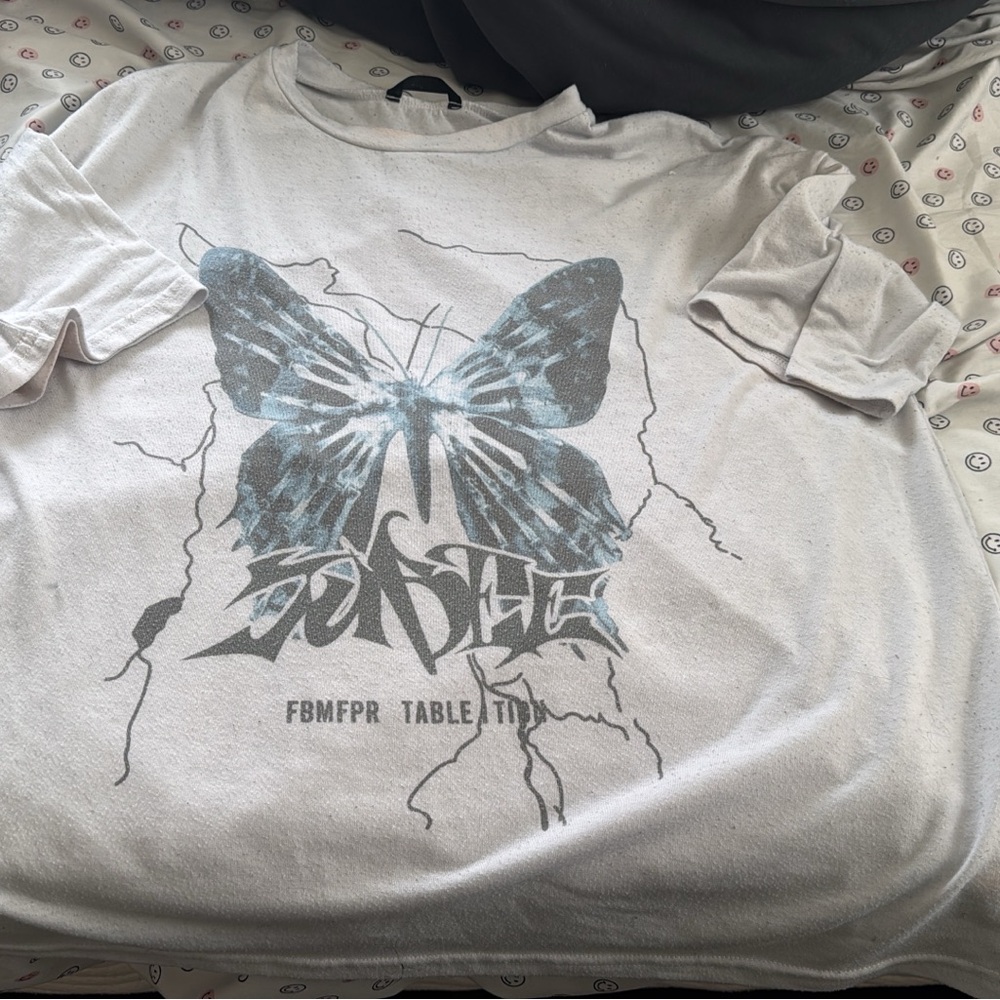 SHEIN White Short Sleeve Tee with Blue Butterfly Graphic
